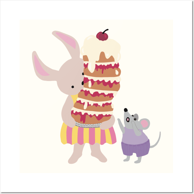 Happy Birthday , greeting card, with a rabbit holding a high cake that almost will fall Wall Art by marina63